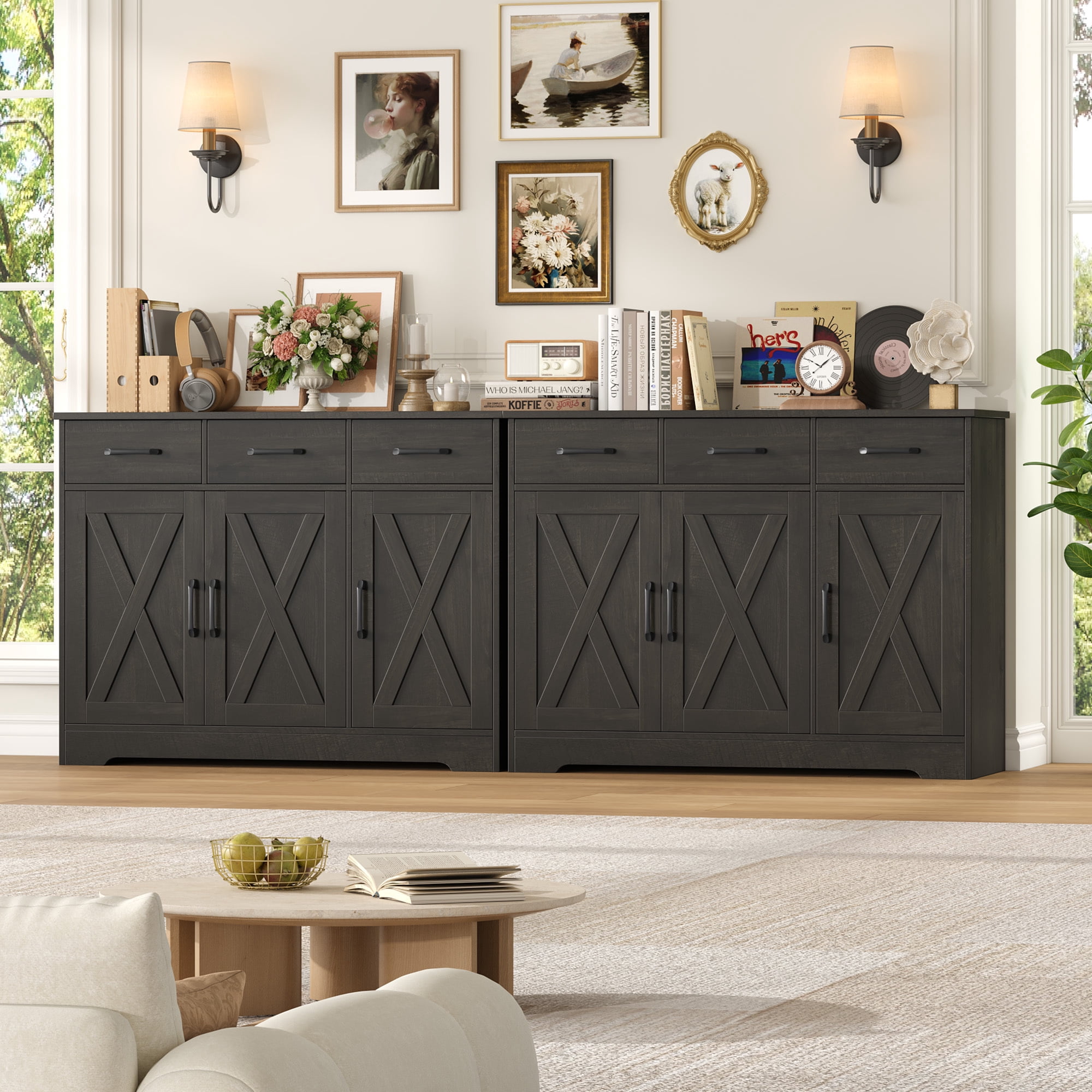 Homfa 42.5'' Kitchen Buffet Sideboard Cabinet, 3 Drawers Farmhouse Storage Cabinet with Adjustable Shelf, Dark Brown