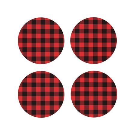 

Fuzoiu Buffalo Plaid Red Black Print Leather Coasters Set Drink Coasters Set of 4 for Tabletop Protection Durable PVC Coasters Home Décor and Housewarming Gift-Round Shape