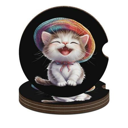 

Funny Cat Wearing Raibow Hat Car Coasters for Drinks with A Finger Notch for Easy Removal Cup Holder Coaster Cute Car Interior Accessories 4PCS