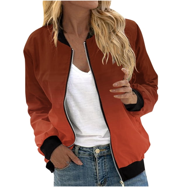 Swstbby Liquidation d'Automne! Vestes d'Automne pour Femmes, Chandail en Molleton Ample à Manches Longues pour Femmes avec Fermeture Éclair Veste Décontractée en Tricot Grossier Veste de Baseball Orange G