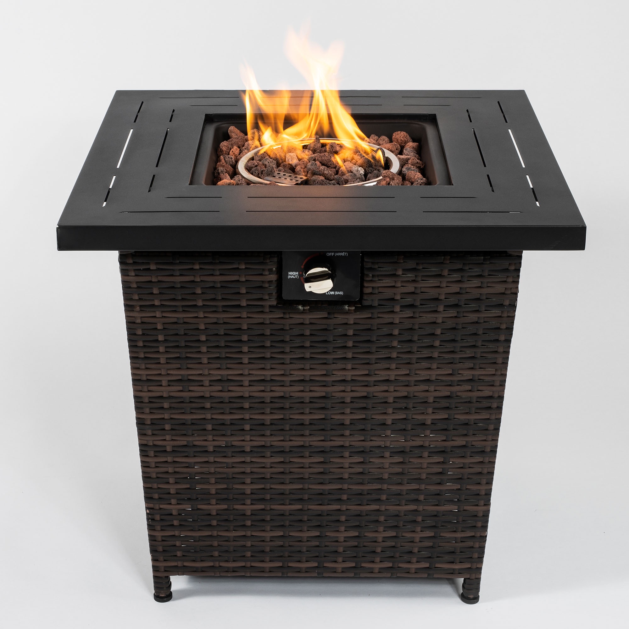 28" Propane Fire Pit Table, 50,000 BTU Square Gas Fire Pit, Heavy-Duty Steel with Lid,Heavy-Duty Steel & Rattan Base, Perfect for Backyard, Patio, Garden & Parties
