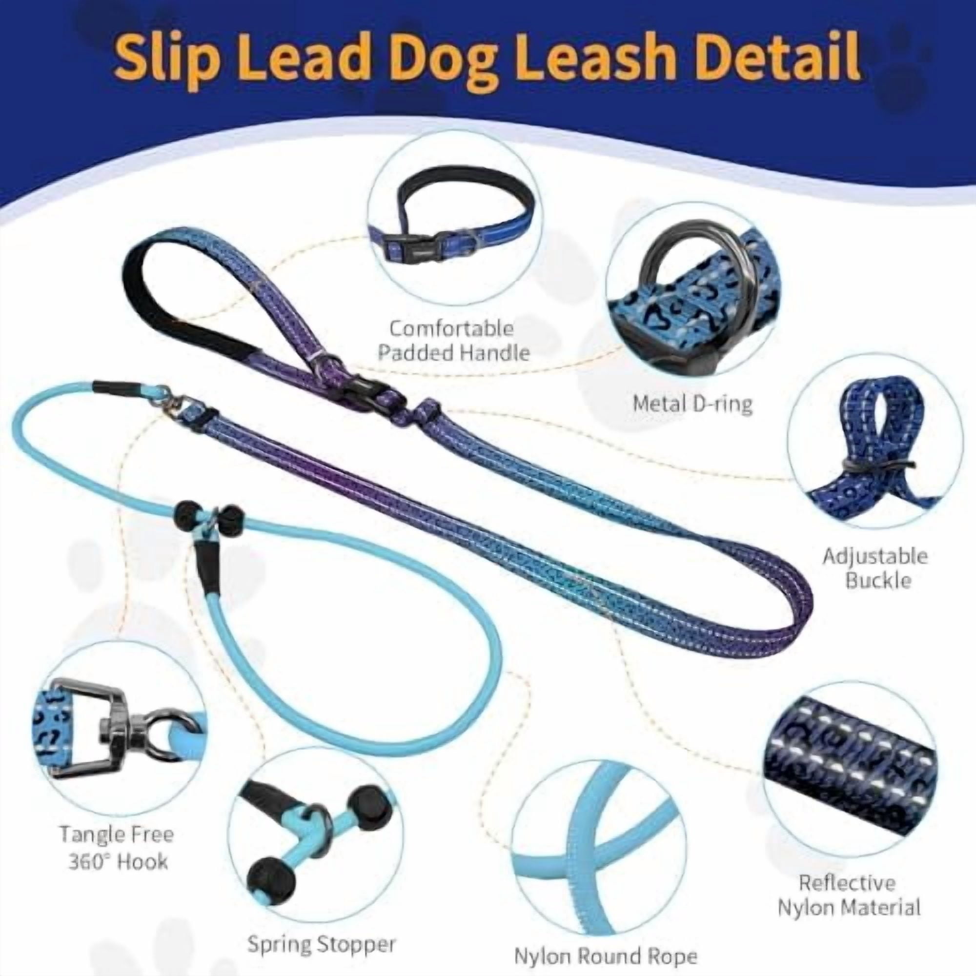 Slip Lead Dog Leash, Hands-Free No Pull Training Leash with Padded Handle for Medium Large Heavy Duty Dogs, Blue Leopard