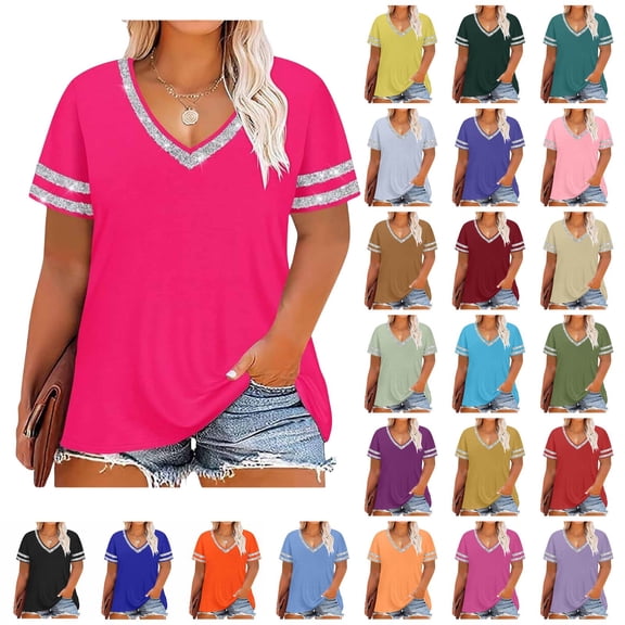 Kukoosong Plus Size T-Shirt for Women, Women's Summer Casual Sweetheart Neck Tee Shirts, Short Sleeve Striped Tees Tops for Everyday