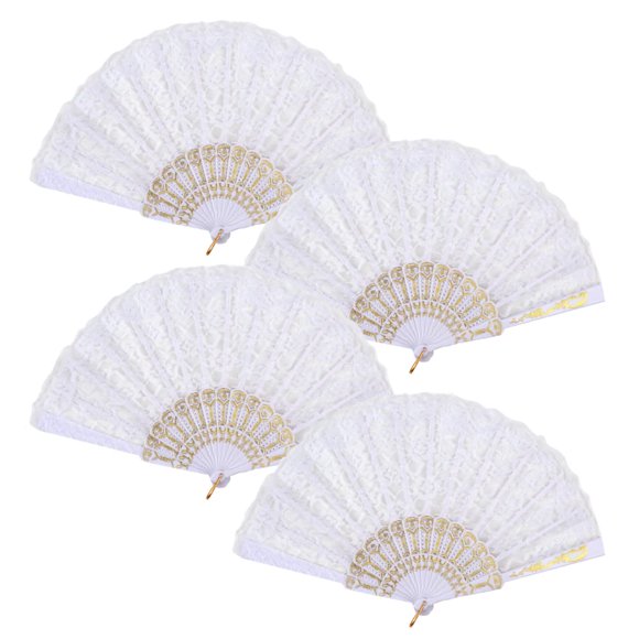 Tkocisa 4 Pcs Ventilateur à Main Pliable en Dentelle Vintage Rétro pour Femmes, Ventilateur à Main Creusé Chinois/japonais pour Danse de Mariage (Blanc)