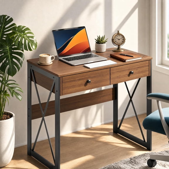Manora Rustic Brown Computer Desk with Power Outlets & USB Ports, 31.5 Inch Small Writing Desk with 2 Drawers, Industrial Home Office Desk with Metal Frame for Bedroom, Apartment & Small Spaces