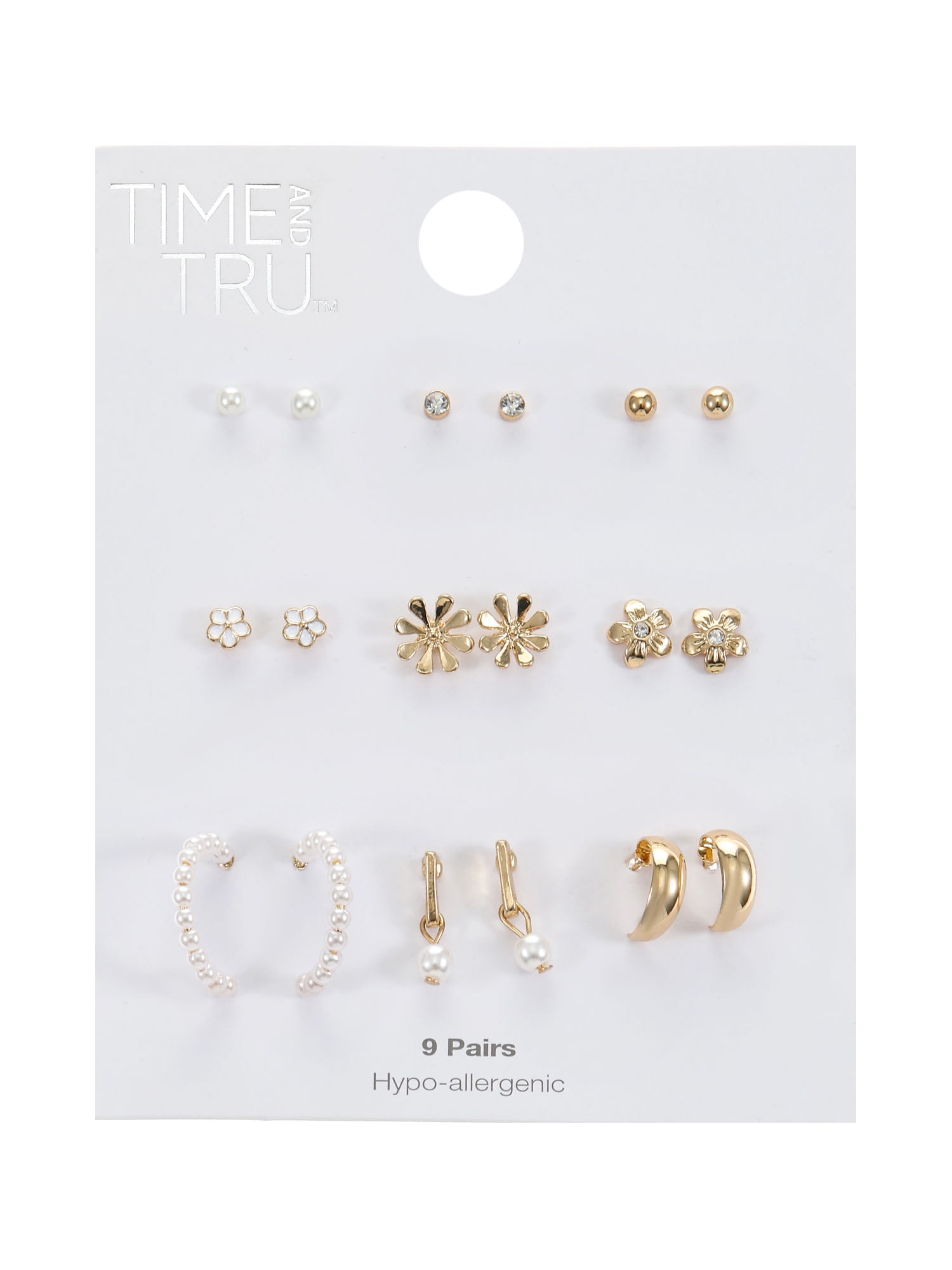 Time and Tru Womens Gold Mini Stud and Hoop Earring Collection, Flower Motif, 9 Pairs