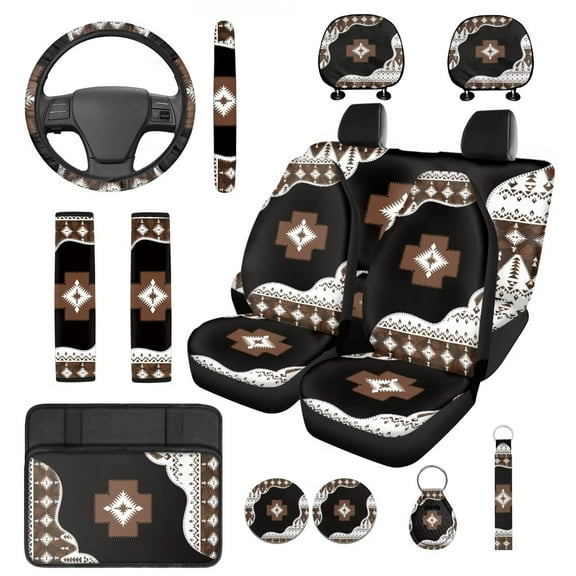 Yuyamidu Aztec Western Car Seat Covers Full Set with Steering Wheel Cover Safe Belt Pads Geometric Headrest Covers Coasters Key Ring Car Center Console Cover Fit for SUV Van, 14 Pack