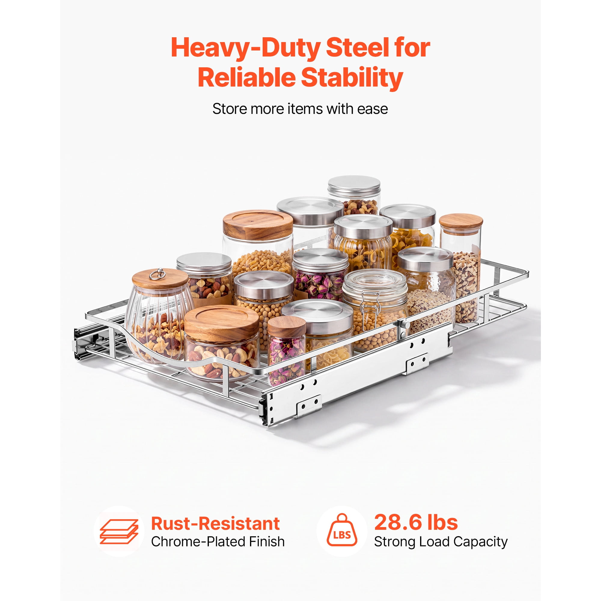 KFFKFF Steel Pull-Out Cabinet Organizer 14.06"W x 20.94"D, Slide-Out Drawers for Kitchen, Bathroom, Pantry, and Home Storage, Chrome-Plated Finish, Durable Sliding Shelves for Base Cabinets