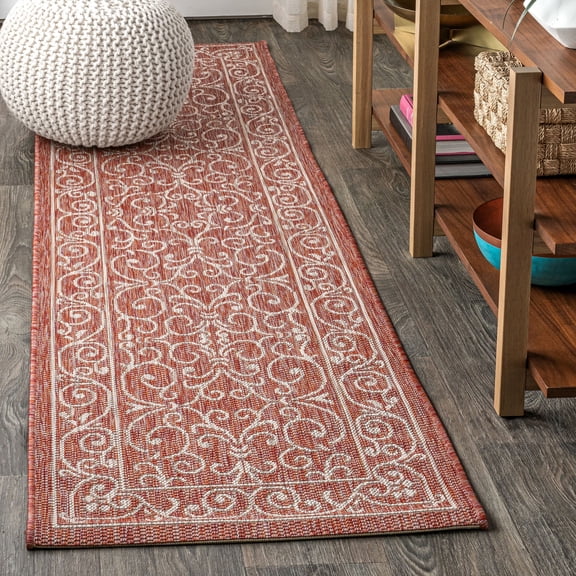 JONATHAN Y SANTA MONICA 2 x 10 Runner Rug, Charleston Vintage Filigree Textured Weave - Red/Beige, SMB106B-210