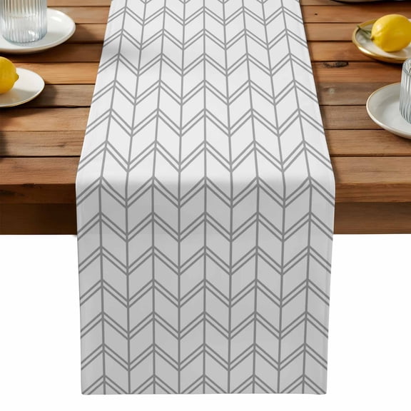 Boho Gray Cotton Linen Table Runner for Dining Kitchen, White Chevron Stripes Abstract Geometric Wedding Outdoor Party Tablerunners Decoration, Dresser Scarf Coffee Tablecloth Runners 13x48 Inches