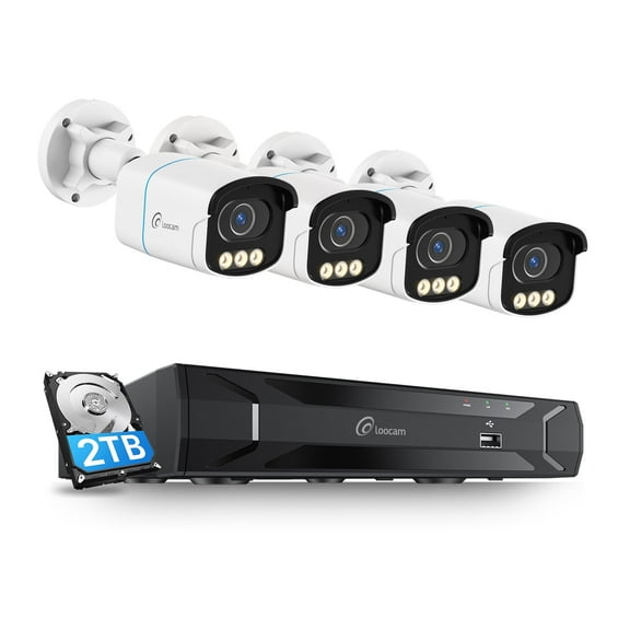 Loocam 4K 8 Channel PoE NVR Security Camera System Outdoor with 2TB Hard Drive and 4 8MP Wired True Color Night Vision Spotlight Cameras