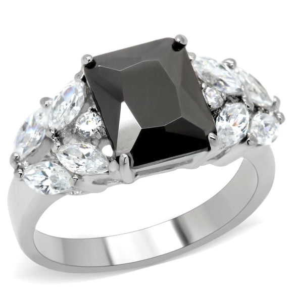 High polished (no plating) Stainless Steel Ring with AAA Grade CZ in Jet for Women Jet Stone Color Style TK182 Size 10