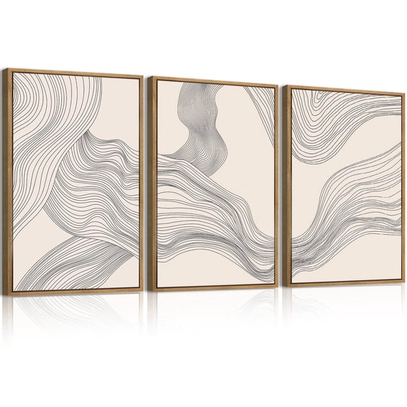 Neutral Abstract Wall Art Framed Modern Beige Wave Wall Decor for Bathroom Living Room Bedroom 16x24 Inch Set of 3