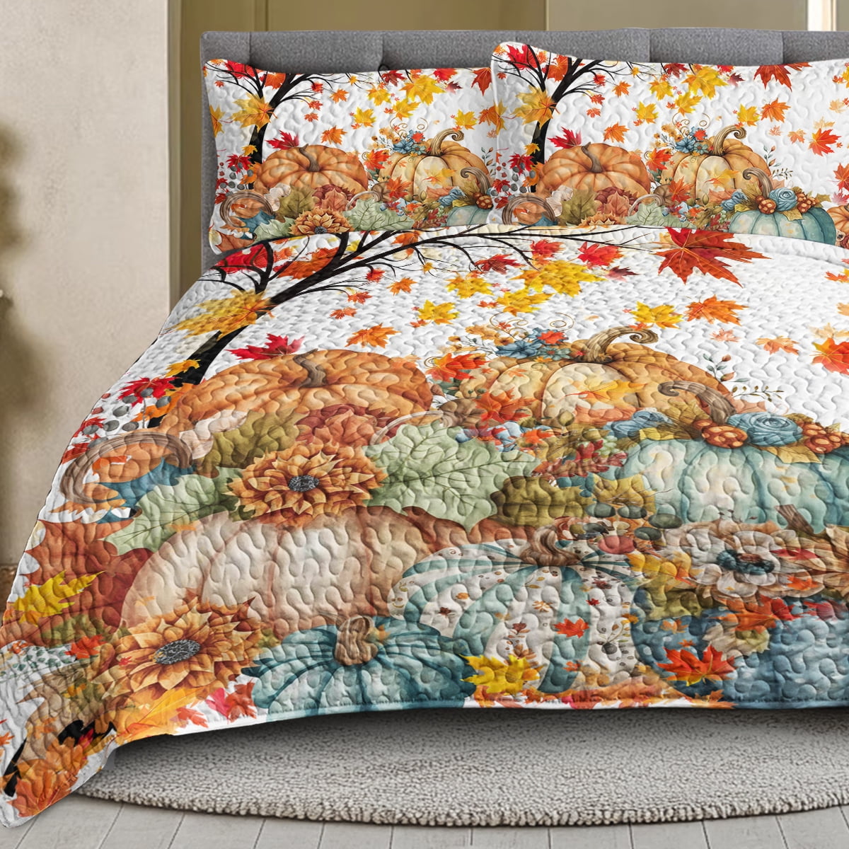 3 Pieces Colorful Oil Painting Pumpkin Pattern Quilt Set Queen Size for All Seasons Flower Fall Leaves Bedding Set with 2 Pillowcases for Kids Adults