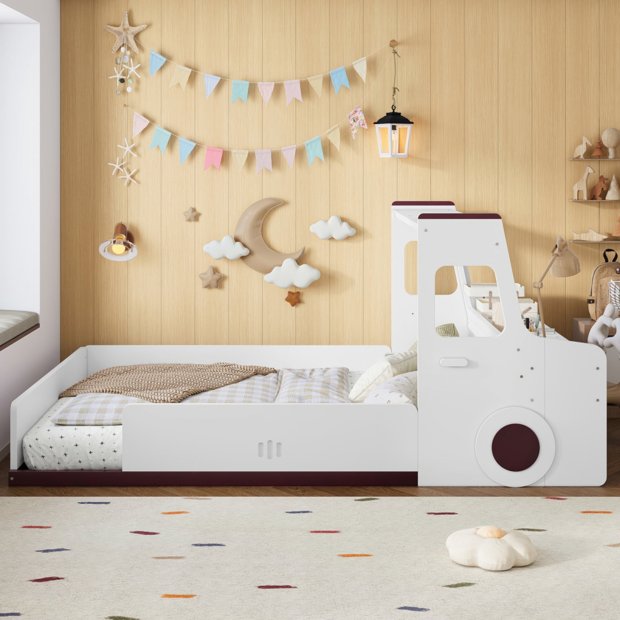 Full Size Car-Shaped Floor Bed - with Storage Drawers, Window & Desk for Bedroom,Light White