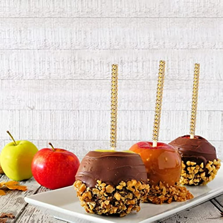 32Pcs Bling Candy Apple Sticks,6 Inches Caramel Bamboo Apple Sticks with  Rhinestones Diamond,Fruit Treats Decorative Sticks for Dessert Table(Silver)
