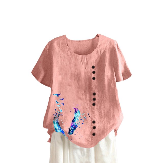 Camisetas de Manga Corta para las Mujeres Botón de Impresión Casual Cuello Redondo Camiseta Superior, Blusas para las Mujeres Casual