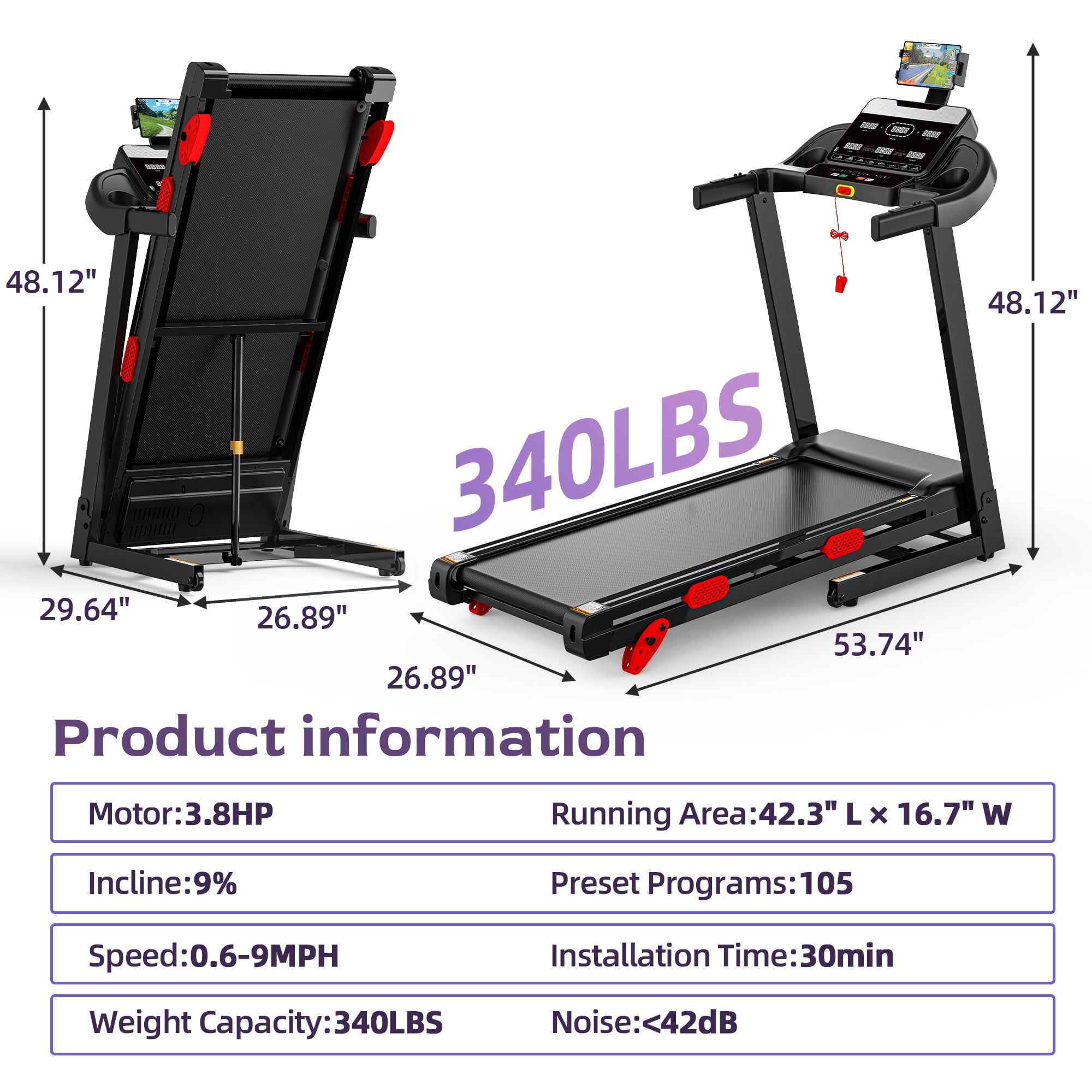 Folding Treadmill with Incline, 3.75HP Motor, 300 lb Capacity, Bluetooth App Connectivity, Compact Running Machine for Walking, Jogging and Running, Space-Saving Design