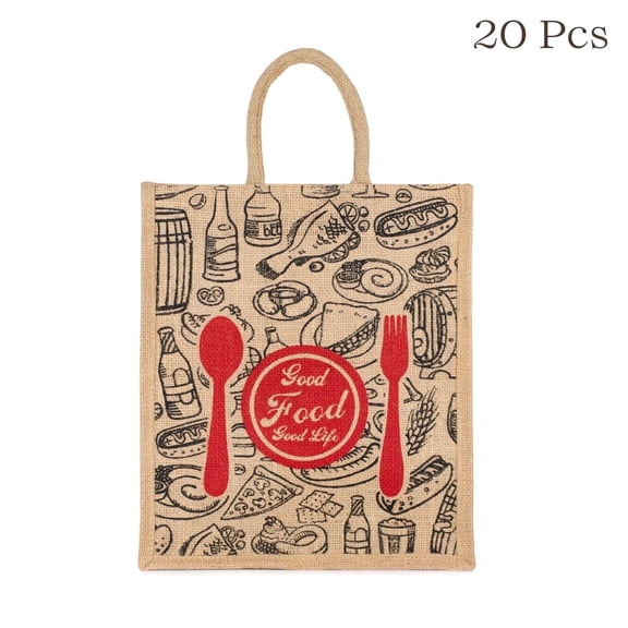 Good Food Jute Bag | Reusable Grocery & Shopping Bag | Printed Lunch Tote with Zipper & Handle | 33x29x12cm (1 pc)