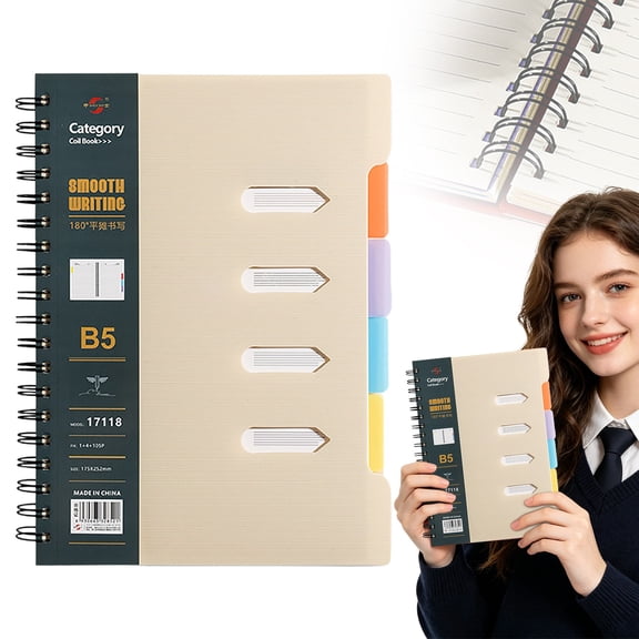 Spiral Notebook Journal with Dividers Tabs, 210 Sheets Multi Subject College Ruled Notebook, B5 Lined Journal for Women Men, Spiral Notebooks for Note Taking Work Study Office Classroom,Beige