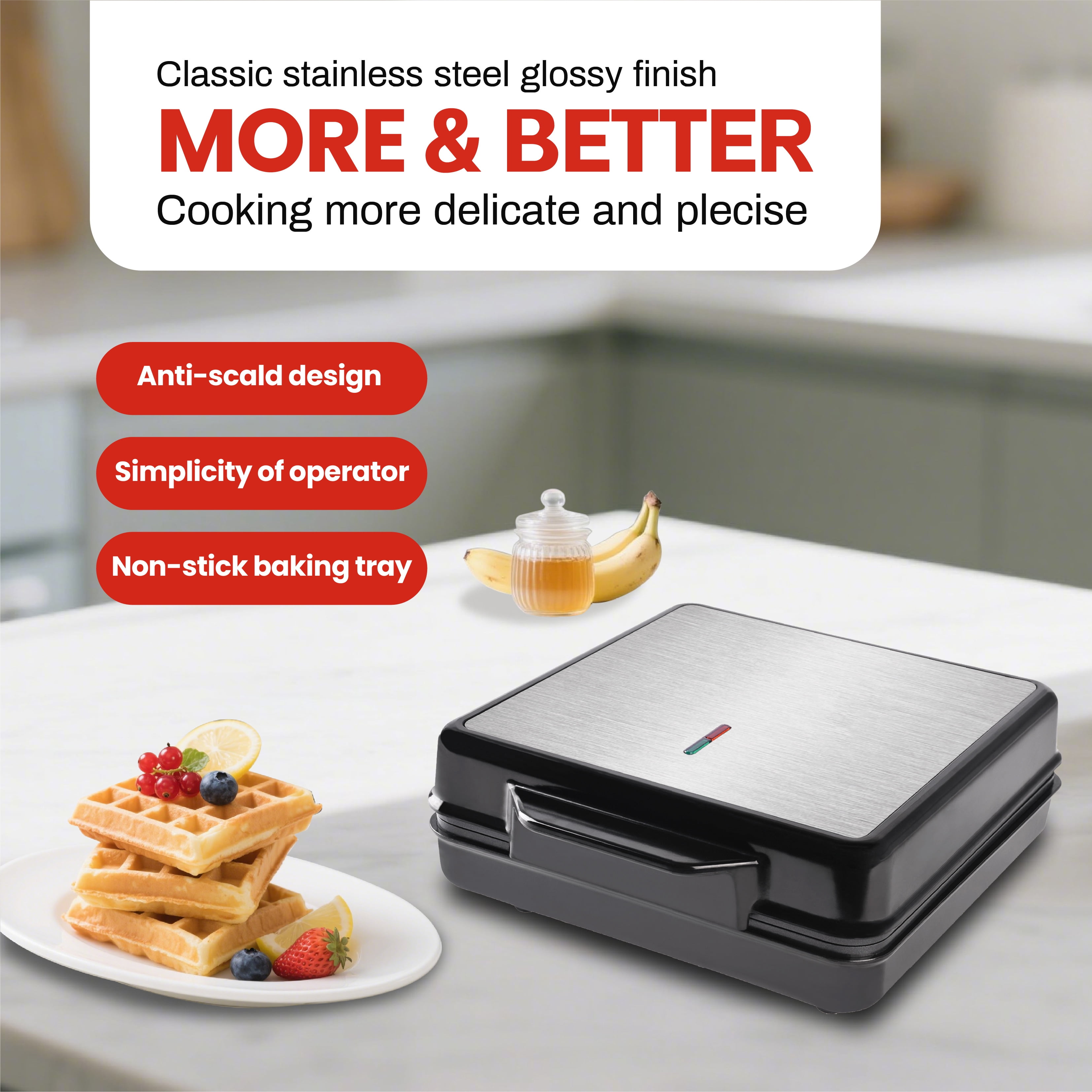 4 Slice Waffle Maker with Easy to Clean, Stainless Steel, Black & Silver, 1200W