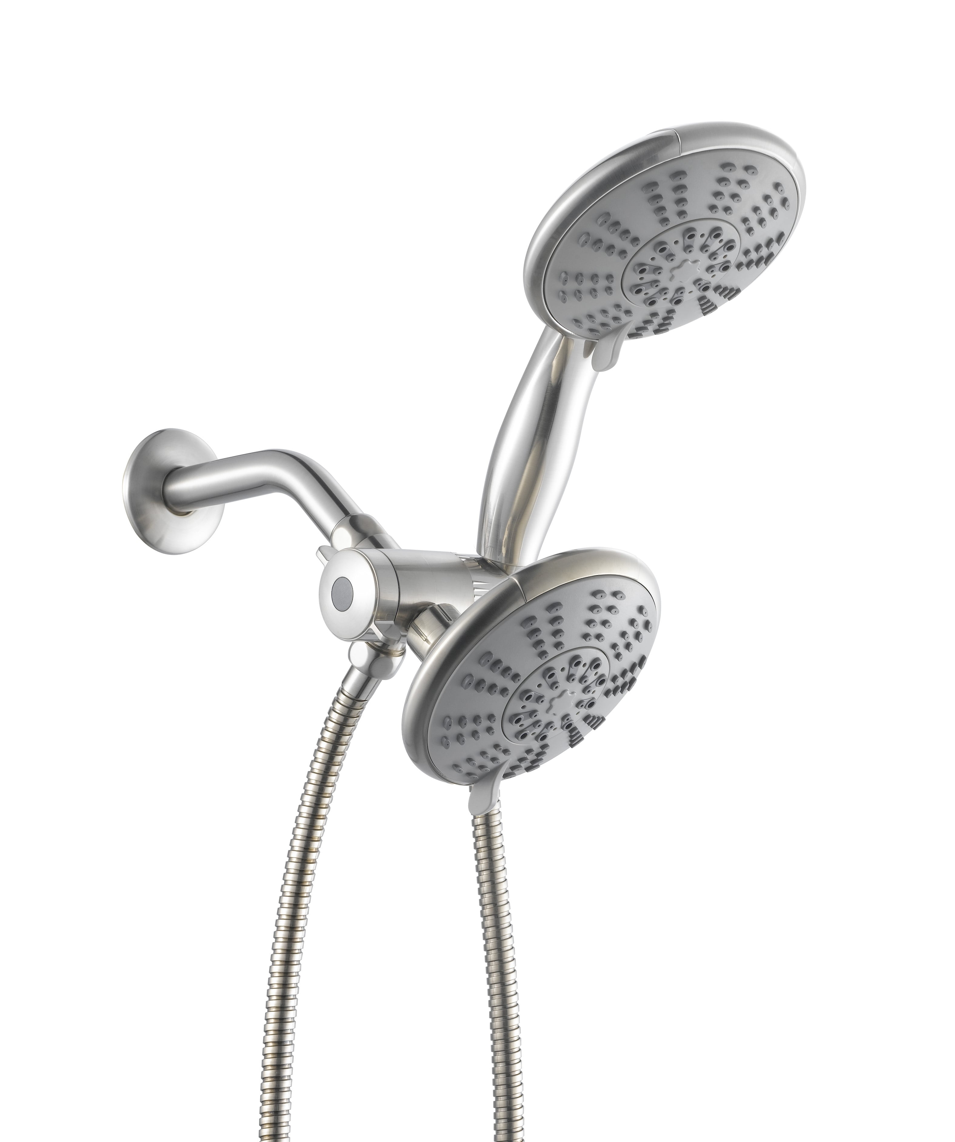 Three spray setting hand held shower head with 5ft stainless steel shower hose . 