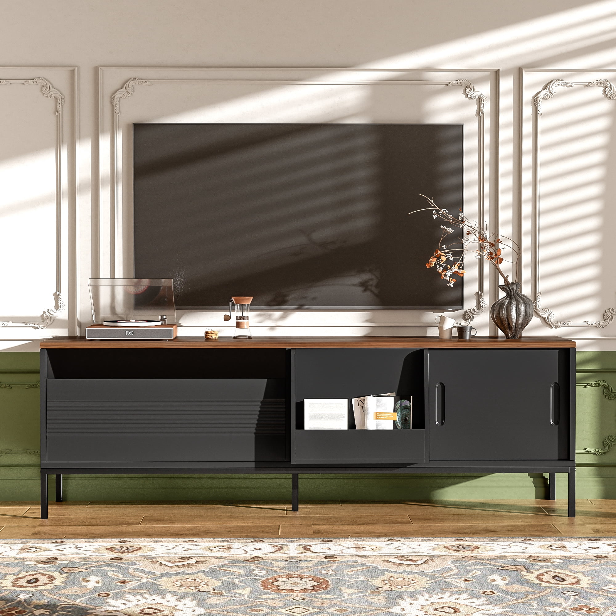TV Stand 70.8 Inch, Entertainment Center with Sliding Doors and Adjustable Shelves, Media Console for TVs up to 75 Inch, Living Room Furniture, Black