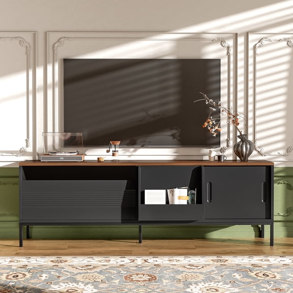 70.8" Modern TV Stand for TVs up to 75 Inches, Mid Century Media Console with Sliding Doors, Adjustable Shelves, Metal Frame and Cable Management, Entertainment Center for Living Room, Black
