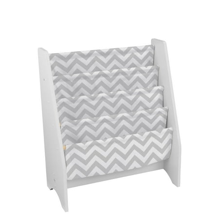 - KidKraft Wooden Sling Shelf Bookcase - White and Gray Chevron Pattern - Canvas Fabric, Kids Bookshelf, Young Reader Support