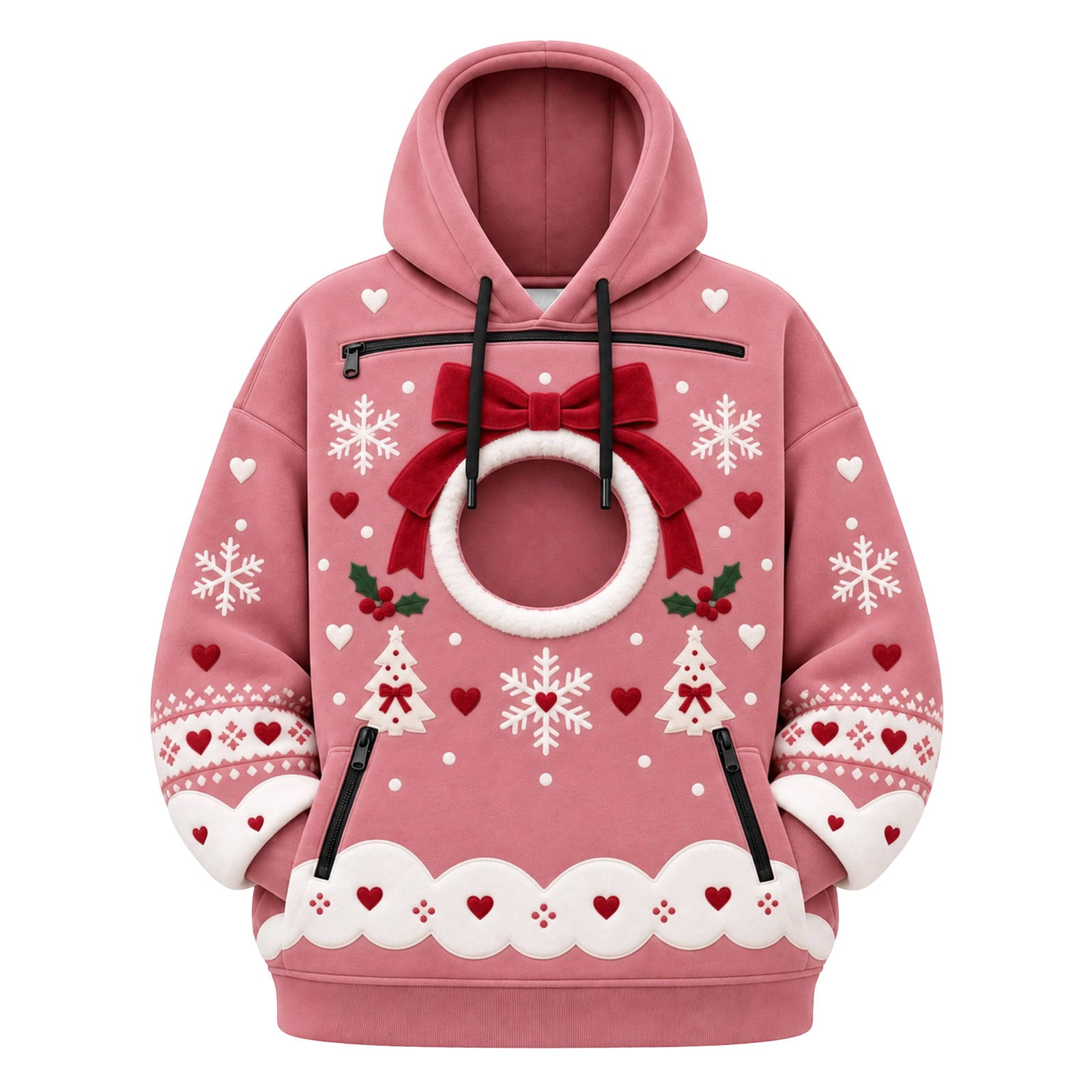 EliteGoogv Unisex Christmas Pet Carrier Hoodie Festive Graphic Pullover Cutout Face Hole Sweatshirt Zippered Pockets Drawstring Cozy Top M