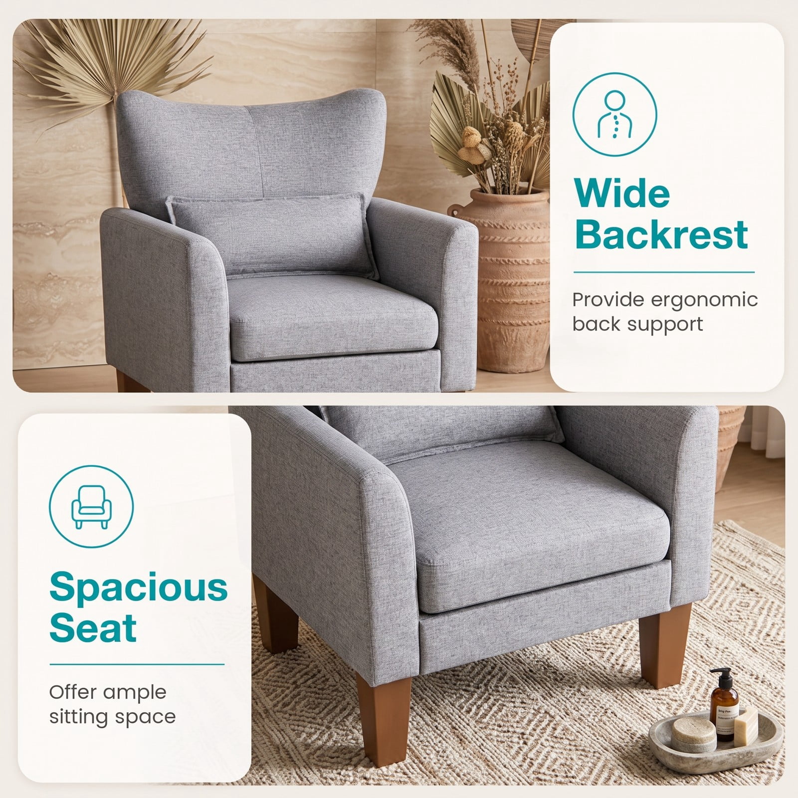 Furnibear Modern Accent Chair with Removable Seat Cushion and Lumbar Pillow, Faux Linen Upholstered Armchair for Living Room Bedroom Office Reading Nook, 350 lbs, Gray