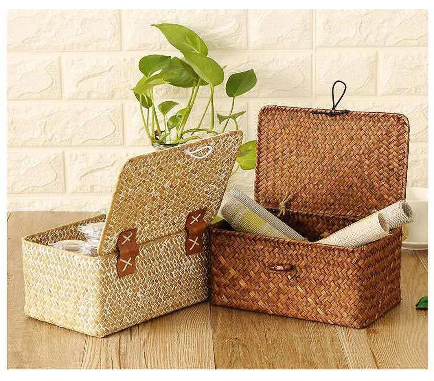 GAFRBALLV Handmade Wicker Storage Basket with Lid, Woven Rattan Seagrass Laundry Basket, Sturdy Metal Frame, Stylish Organizer for Toys, Pantry, Bathroom – 26x16x10cm