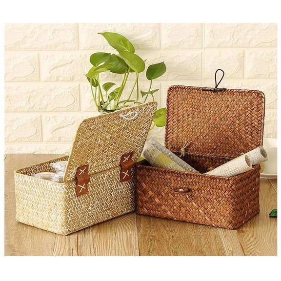 Storage Baskets with Lid Natural Woven Shelf Basket for Storage Rectangular Decorative Storage Bins Boxes Home Decoration Brown 10 In
