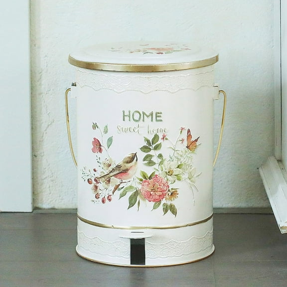 Outdoor Small Trash Can with Lid, Pedal Round Touchless Garbage Bin for Kitchen, Park, Garden, Dog Poop Disposal, Decorative Flower and Bird Pattern
