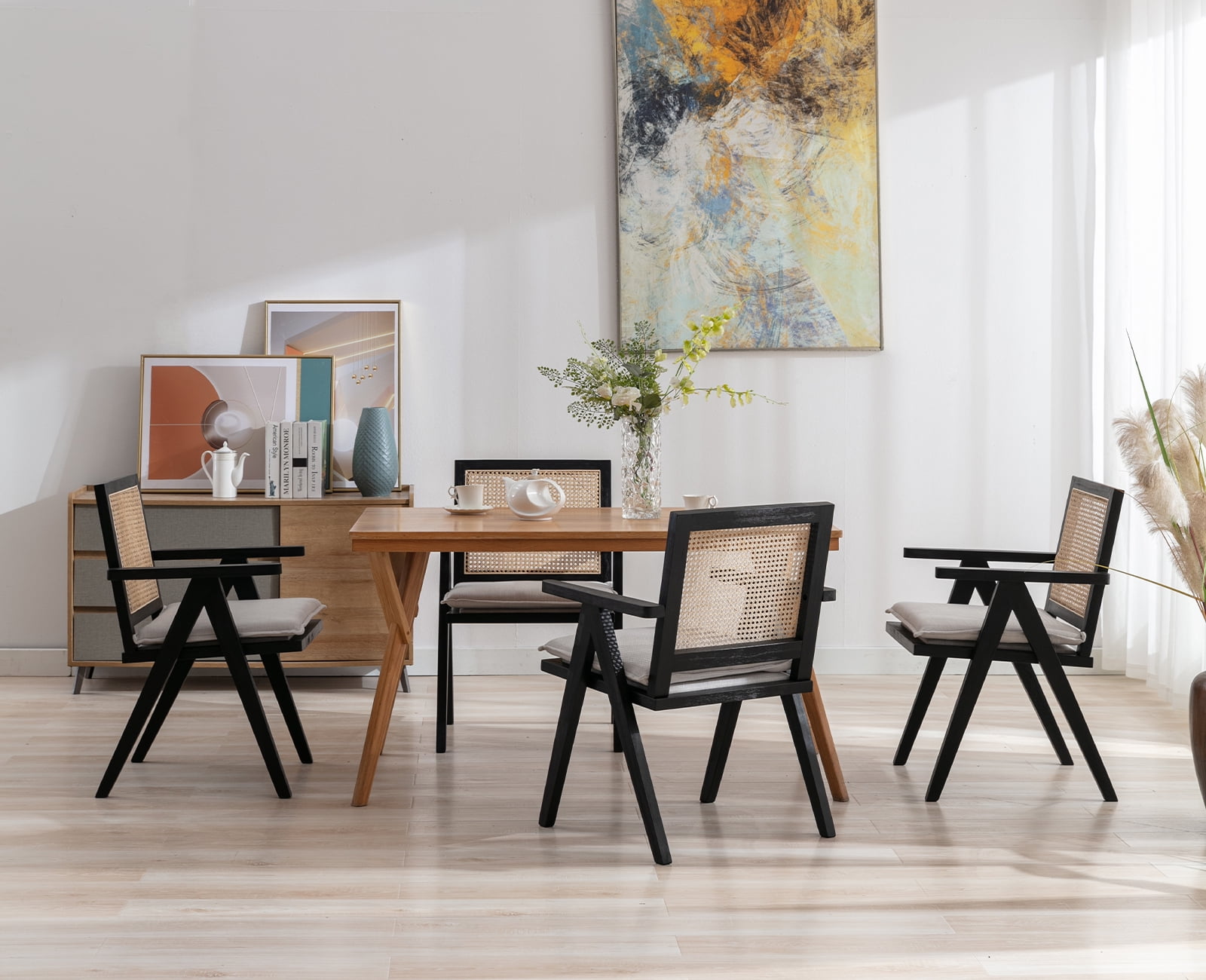 Guyou Modern Rattan Dining Chair Set of 2, Mid-century French Farmhouse Upholstered Solid Wood Armchair Reading Chair, Retro Accent Chair with Woven Back and Black Base, Beige Fabric