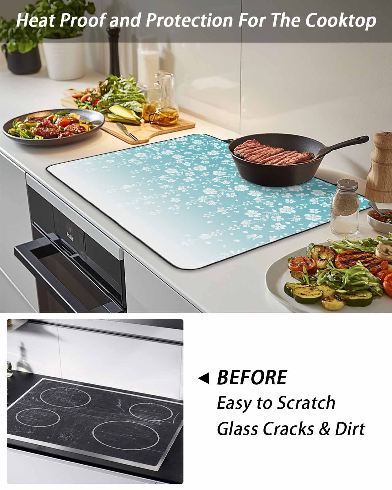 Stove Top Covers for Electric Stove, Weeping Flowers Glass Stovetop Cover Protector, Teal Ombre Spring Floral Botanical Art Induction Cooktop Protector Oven Mat for Kitchen Countertop 24"x21"