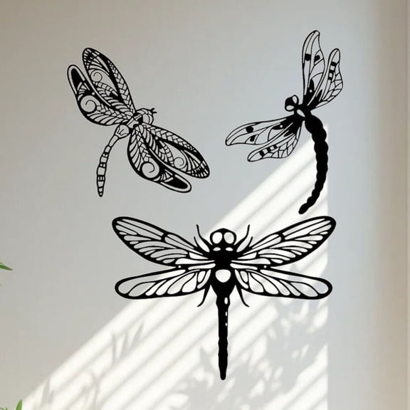 HELLOYOUNG 3PCS Rustic Black Metal Dragonfly Wall Art Decor, Assorted Sizes Metal Wall Sculpture for Living Room Bedroom Garden Outdoor, Unique Halloween Christmas Gift Ideas