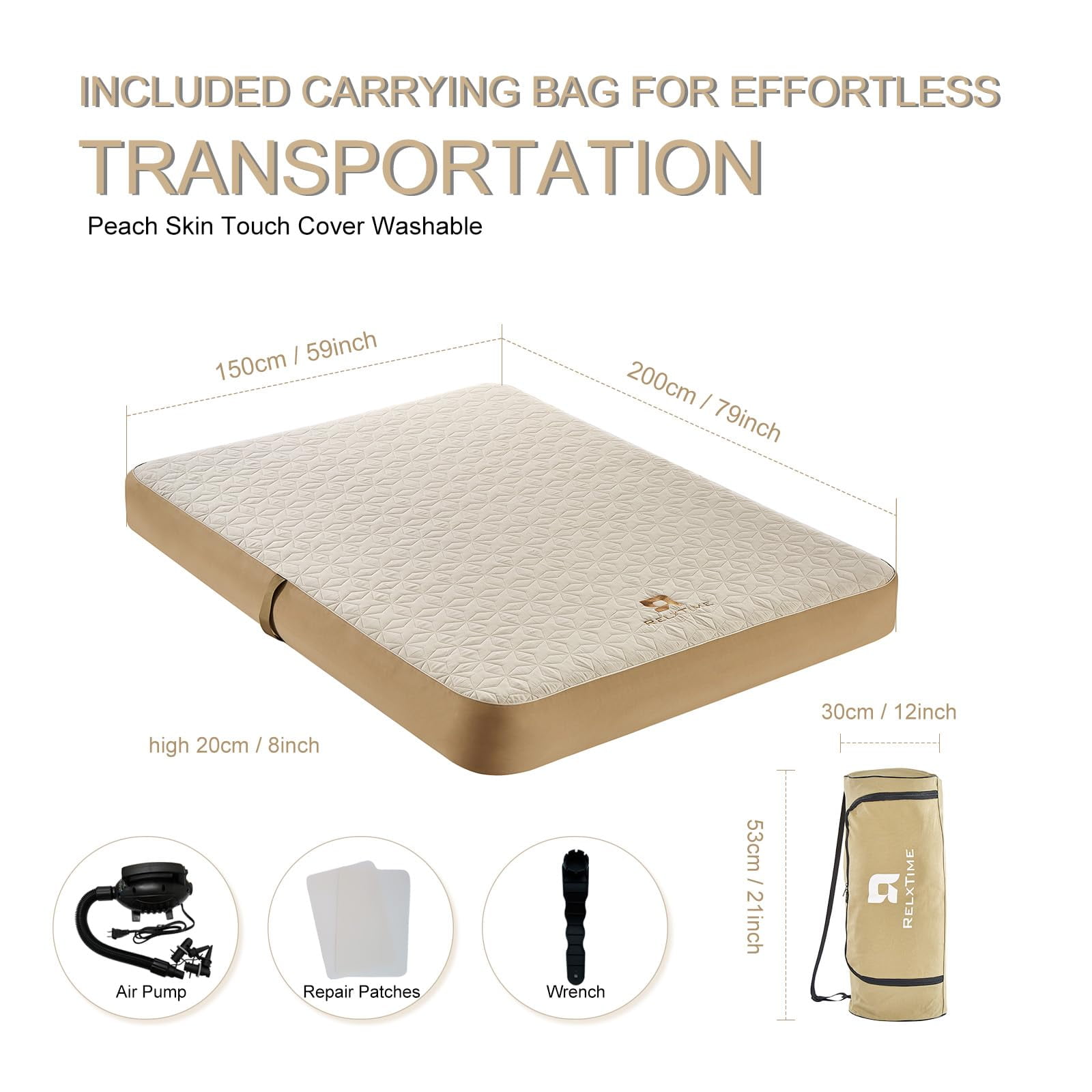 RELXTIME Full Air Mattress Camping Mattress Durable Blow Up Mattress, Electric Pump, Smooth Top Mattress Cover, Inflatable Air Bed Portable Mattress for Tent, Home, Travel & Guests Hiking
