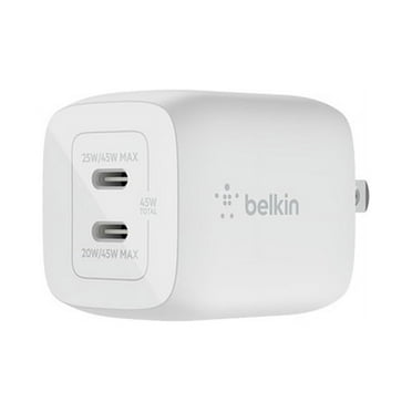 Belkin BoostCharge Pro 45W Dual Port GaN Wall Charger, Multi-Port 2X USB-C PD 3.0 Fast Charging for MacBook, iPhone, iPad, Galaxy, Google Pixel, Nintendo Switch 2 & More   C to C Cable - White