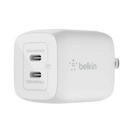 Belkin BoostCharge Pro 45W Dual Port GaN Wall Charger, Multi-Port 2X USB-C PD 3.0 Fast Charging for MacBook, iPhone, iPad, Galaxy, Google Pixel, Nintendo Switch 2 & More + C to C Cable - White