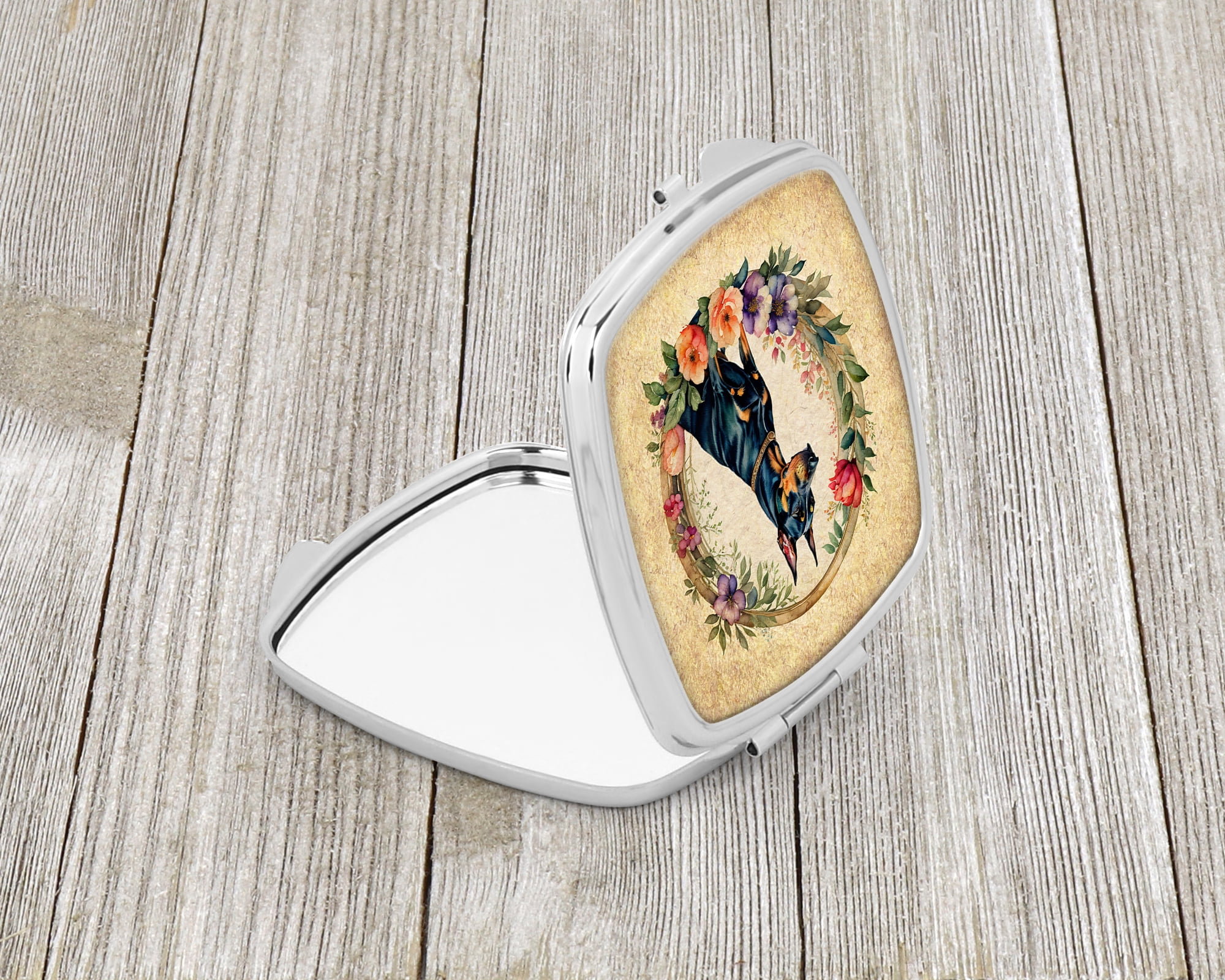 Doberman Pinscher and Flowers Compact Mirror 2.75 in x 3 in