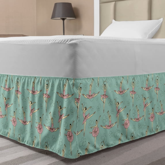Ballet Bed Skirt, Ballerinas Dancing in Various Poses Fine Arts Theme Theatrical Activity, Elastic Bedskirt Dust Ruffle Wrap Around for Bedding Decor, 4 Sizes, Seafoam Pale Pink Cream, by Ambesonne