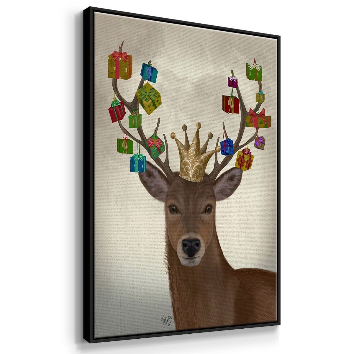 Christmas Gift Bearing Deer - Framed Gallery Wrapped Holiday Canvas - 25 x 37 - Black Frame