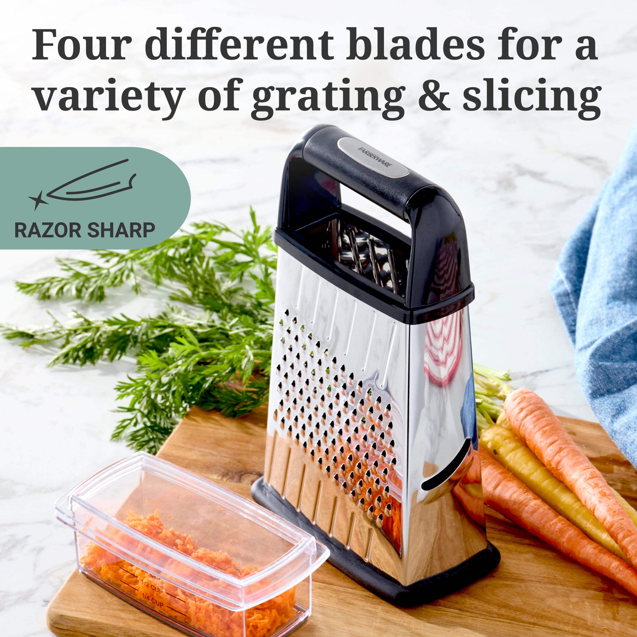 Farberware Professional Stainless Steel Slim Box Grater with 4 Blades and Container