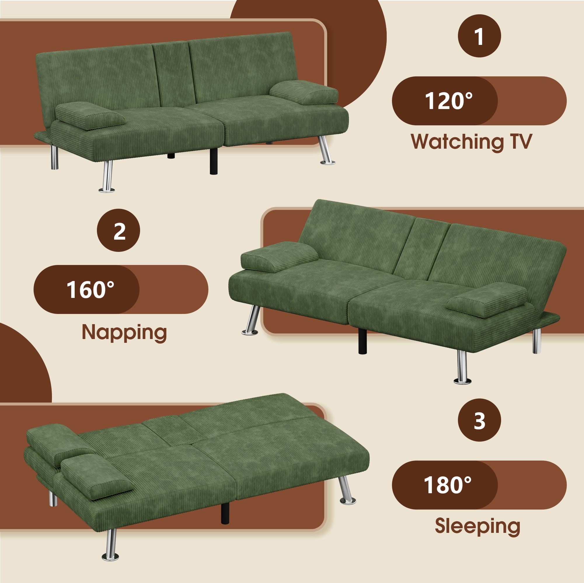 Homall  Futon Sofa Bed with Armrests and Cup Holders,  Adjustable Backrest Angles, Convertible bed, Green