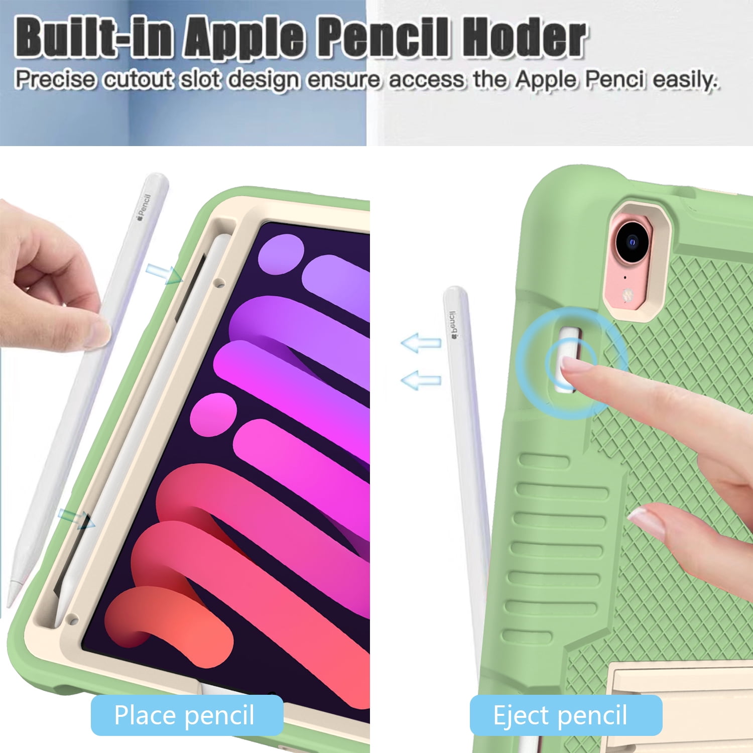 3-in-1 Case for Apple iPad Mini 2021 (8.3 Inch, 6th Generation) Tablet - Silicone/Plastic Composite Case, Shockproof Drop Proof Rugged Cover, Built-in Pencil Holder Kickstand Hard Shell (Light Green)