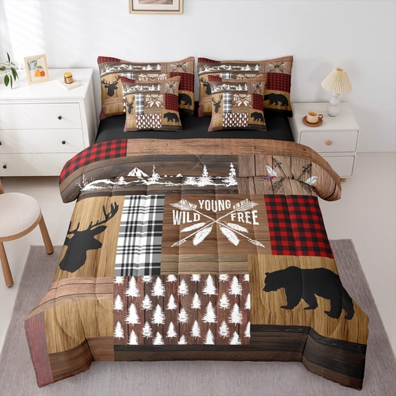 Homewish Boys Girls Safari Deer Bear Twin Bedding Sets 7-Piece,Jungle Animal Hunting Bedding Comforter Set Microfiber,Retro Vintage Breathable Sheet Sets,Breathable Home Decor,Reversible