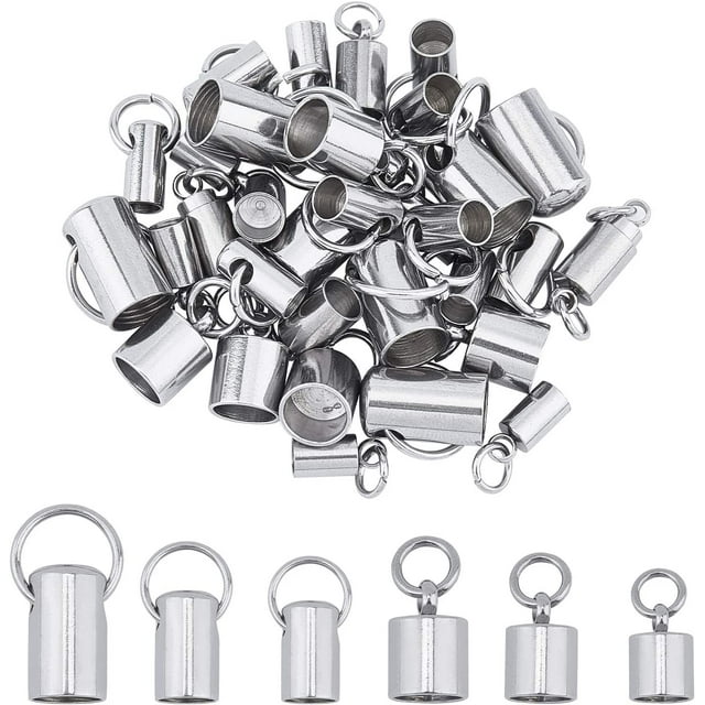 36pcs 2 Styles Stainless Steel Cord Ends Column Leather End Caps 3.2~6mm Inner Diameter Cord End Terminators Cord Finding for Jewelry Making Kit Stainless Steel Color