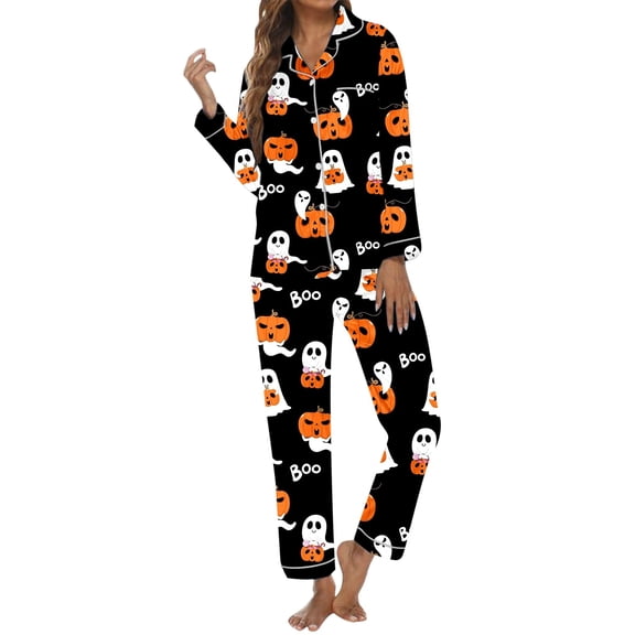 Womens Pajama Set Halloween Print Button Lapel Long Sleeve Top and Long Pants Sleepwear Loungewear
