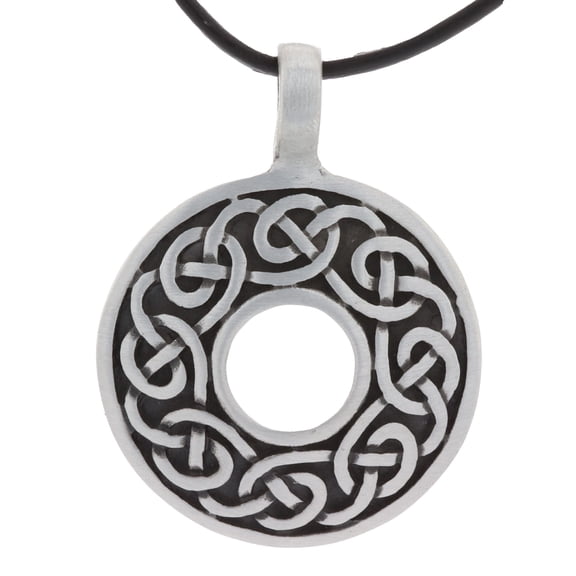 Jewelry Trends Pewter Celtic Knot Round Ring Pendant on Black Leather Necklace